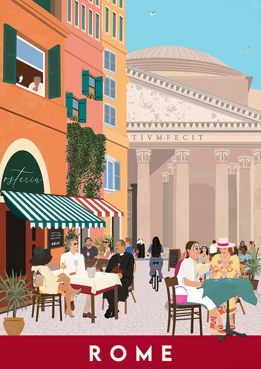 A colorful illustration of a street scene in Rome with people sitting at an outdoor cafe, the Pantheon in the background. Limited edition travel poster 