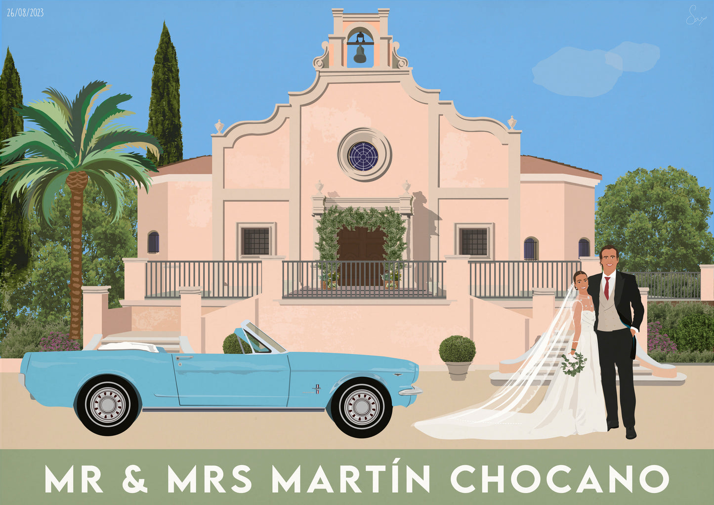 Illustration of a wedding couple in front of a church with a blue convertible car.