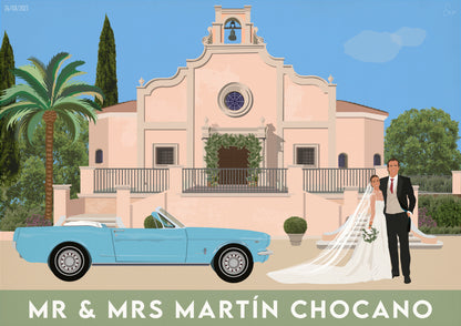 Illustration of a wedding couple in front of a church with a blue convertible car.