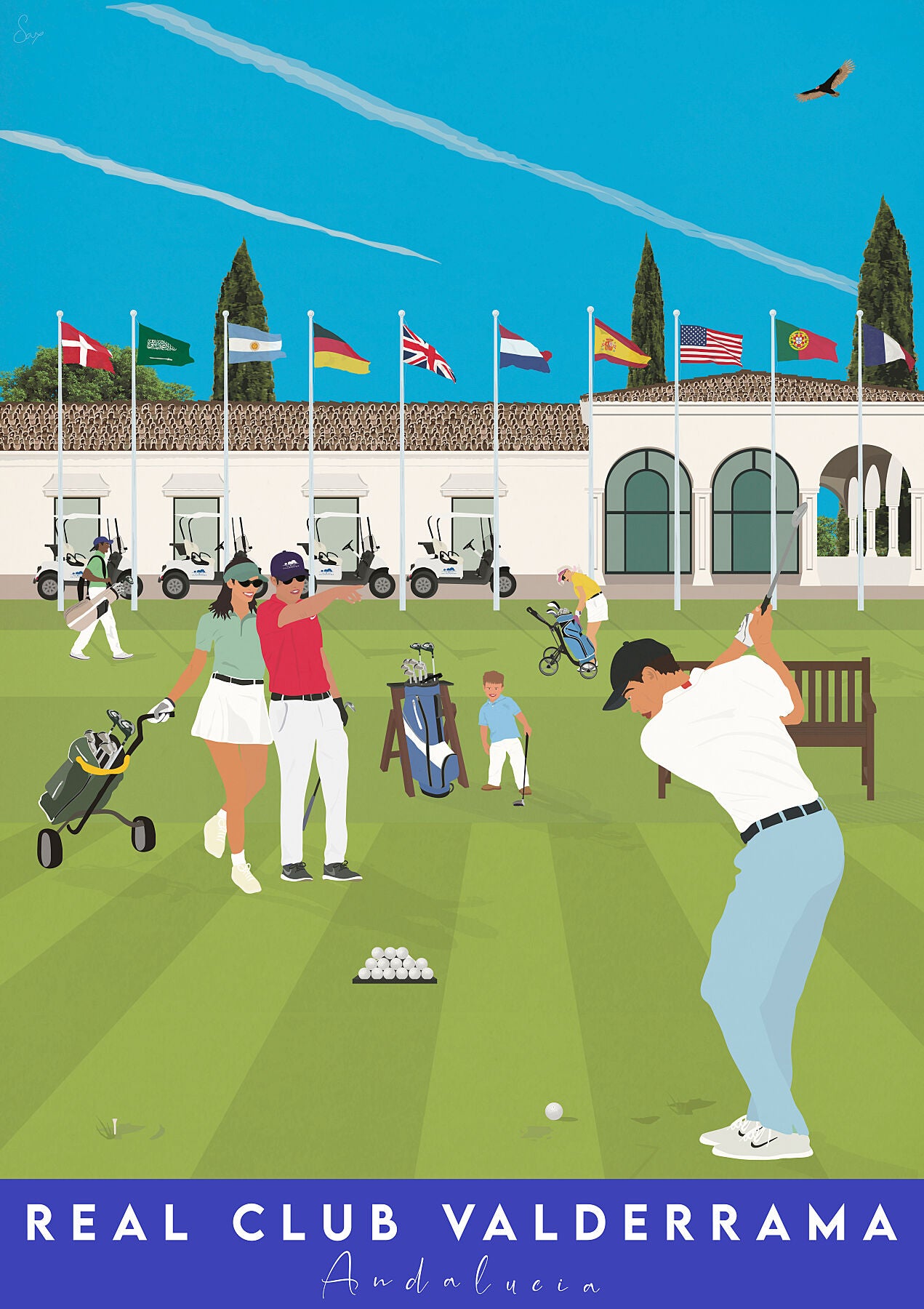 Illustration Golf course scene with people playing golf and a clubhouse in the background of Valderrama Sotogrande