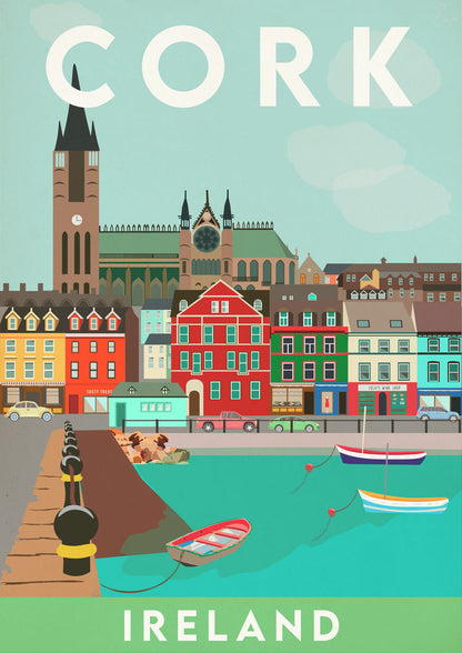 Vintage inspired travel print of Cork Ireland