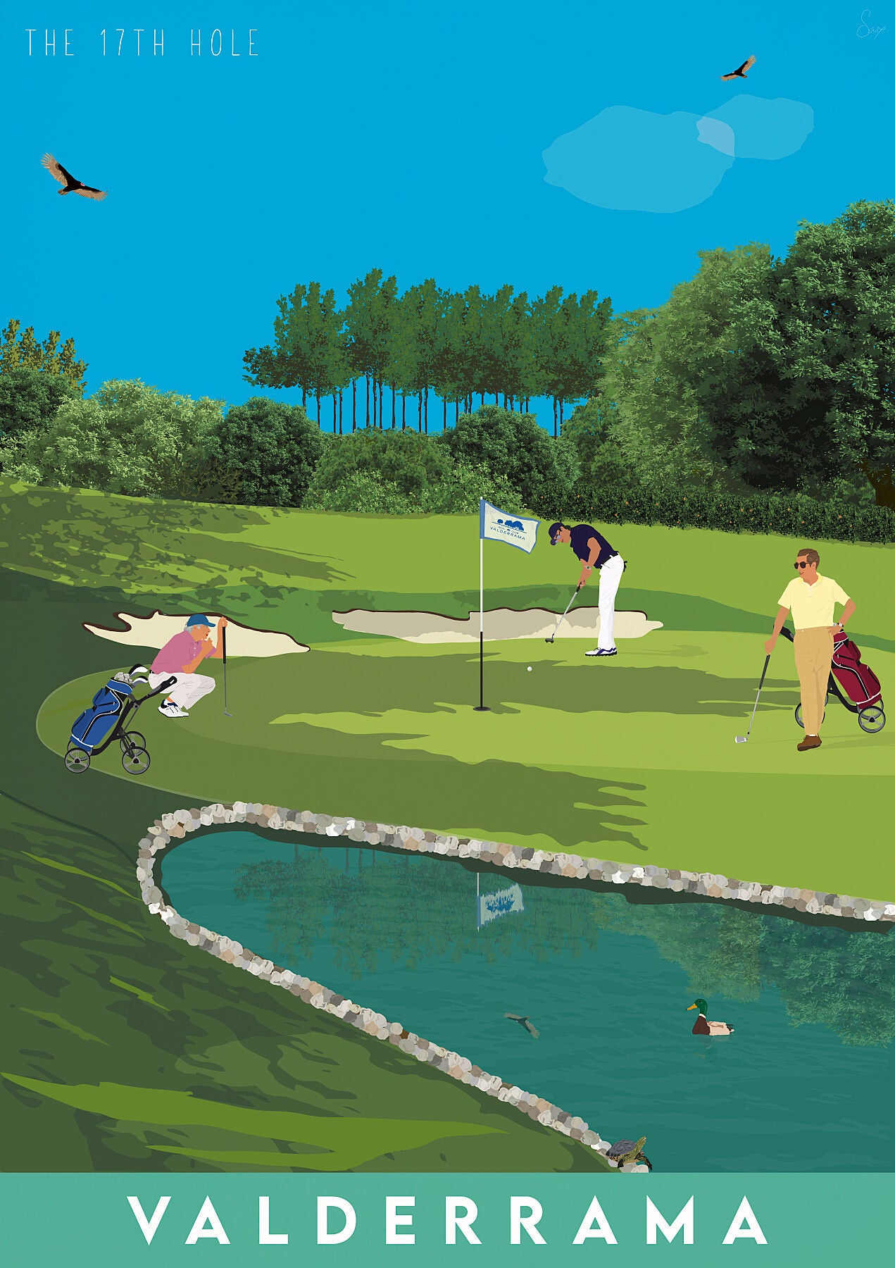 A colorful artistic representation of the 17th hole at Valderrama Golf Club, showing the green, fairway, and a golfer hitting the ball. The Valderrama logo is visible at the bottom.