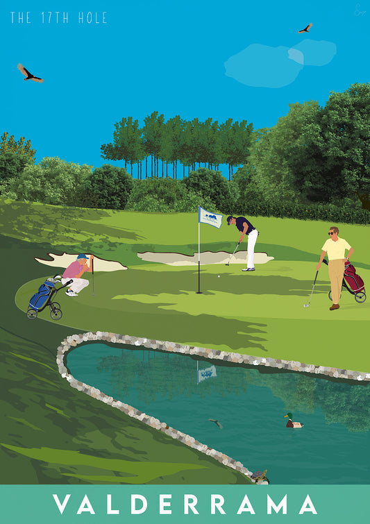 A colorful artistic representation of the 17th hole at Valderrama Golf Club, showing the green, fairway, and a golfer hitting the ball. The Valderrama logo is visible at the bottom.