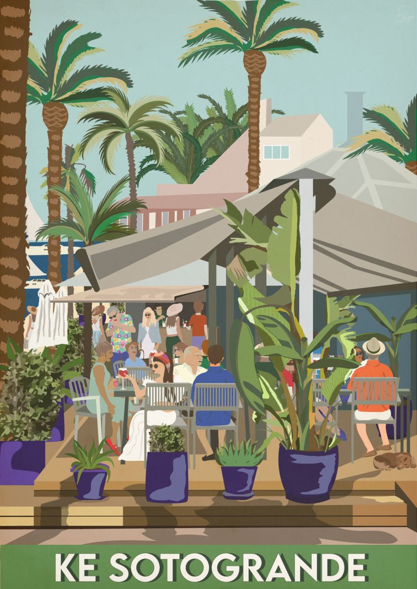 A colorful illustration of an outdoor cafe scene with palm trees, people sitting at tables, and a sign reading 'KE SOTOGRANDE'.