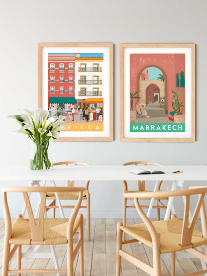 Vintage inspired travel print of a Plaza de Sevilla, Andalucia, Spain