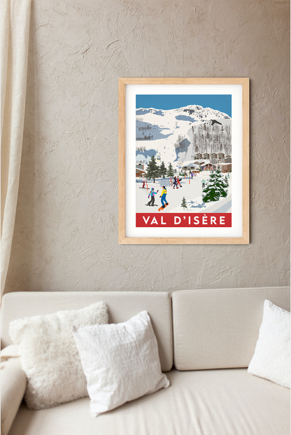 Vintage inspired travel print of skiing in Val D'isere France