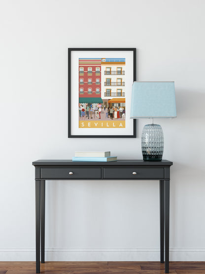 Vintage inspired travel print of a Plaza de Sevilla, Andalucia, Spain