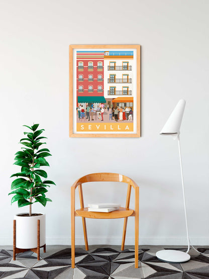 Vintage inspired travel print of a Plaza de Sevilla, Andalucia, Spain