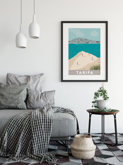 Vintage inspired travel print of kitesurfing in tarifa spain