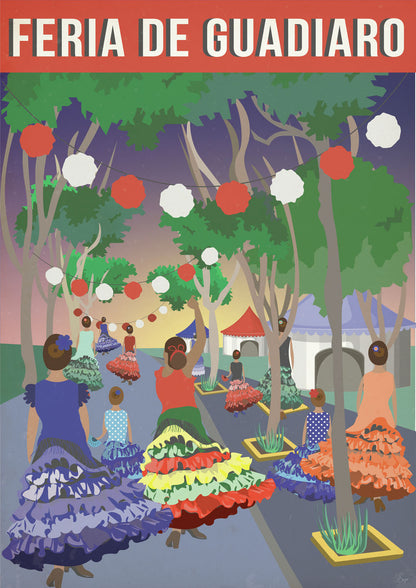 A vibrant illustration of a Feria de Guadiaro event, featuring colorful dancing figures against a tree and building backdrop, with decorative oranges hanging from the trees.