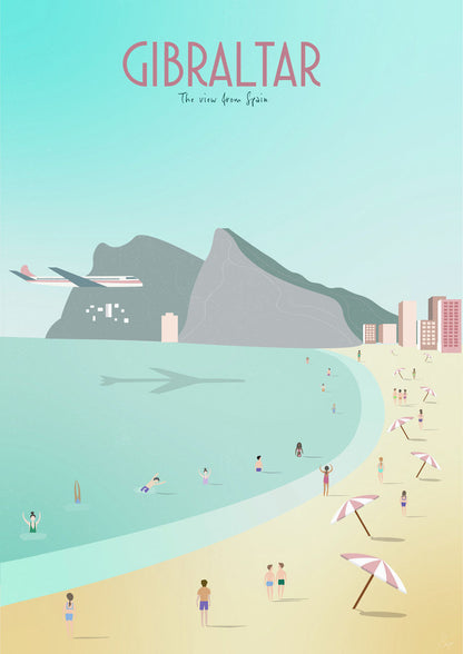 A colorful illustration of Gibraltar from Spain, featuring the beach, people, buildings, and the Rock of Gibraltar, with a plane flying overhead.