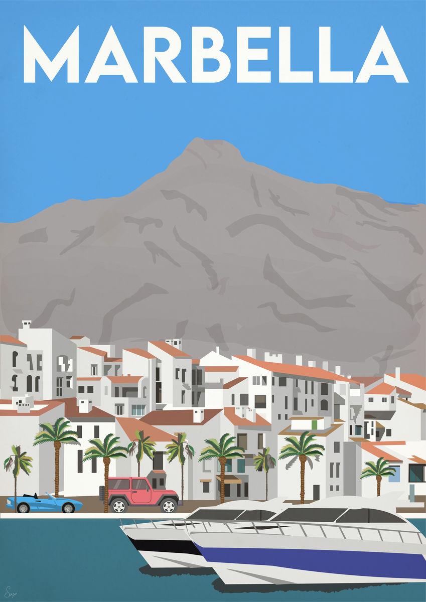 Vintage inspired travel print of Puerto Banus, Marbella, Spain