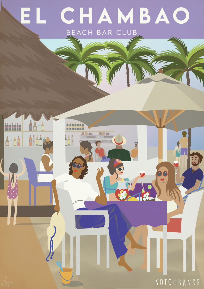 A colorful illustration of people enjoying drinks at an outdoor beach bar, with 'EL CHAMBAO BEACH BAR CLUB' text at the top and palm trees in the background.
