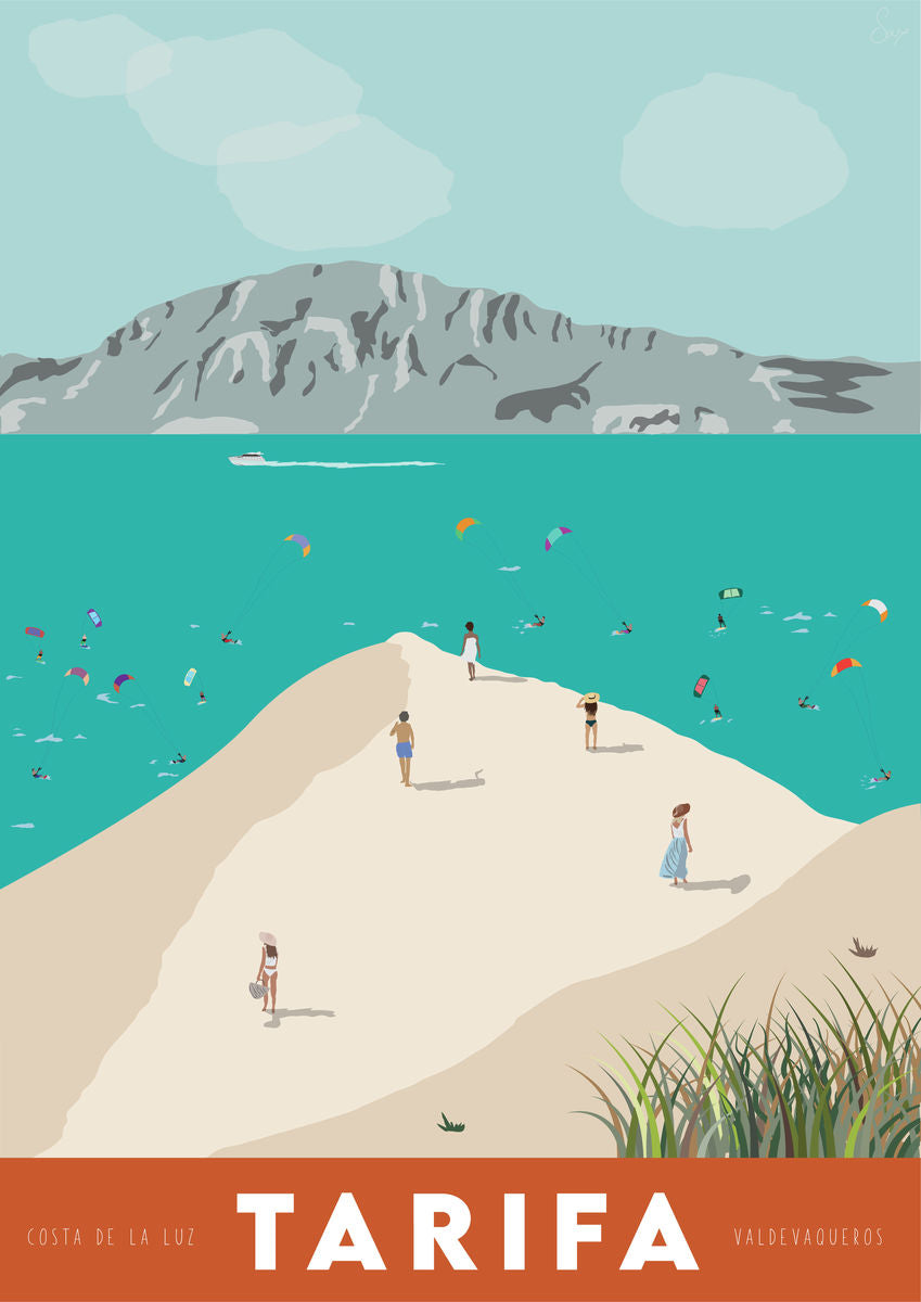 Vintage inspired travel print of Tarifa with view of Tangier and Ceuta, Morrocco. Kitesurfers and Beachgoers