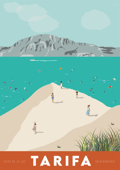 Vintage inspired travel print of Tarifa with view of Tangier and Ceuta, Morrocco. Kitesurfers and Beachgoers