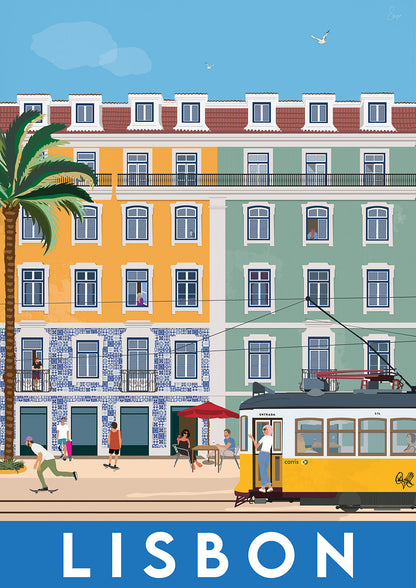 A colorful illustration of a street in Lisbon with buildings, a tram, and people.