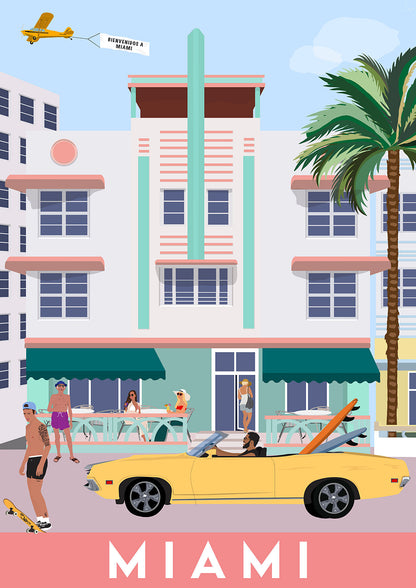 A stylized illustration of a vintage car and people on a beach boardwalk with a palm tree in the background, the text 'MIAMI' at the bottom, and a small airplane flying overhead.
