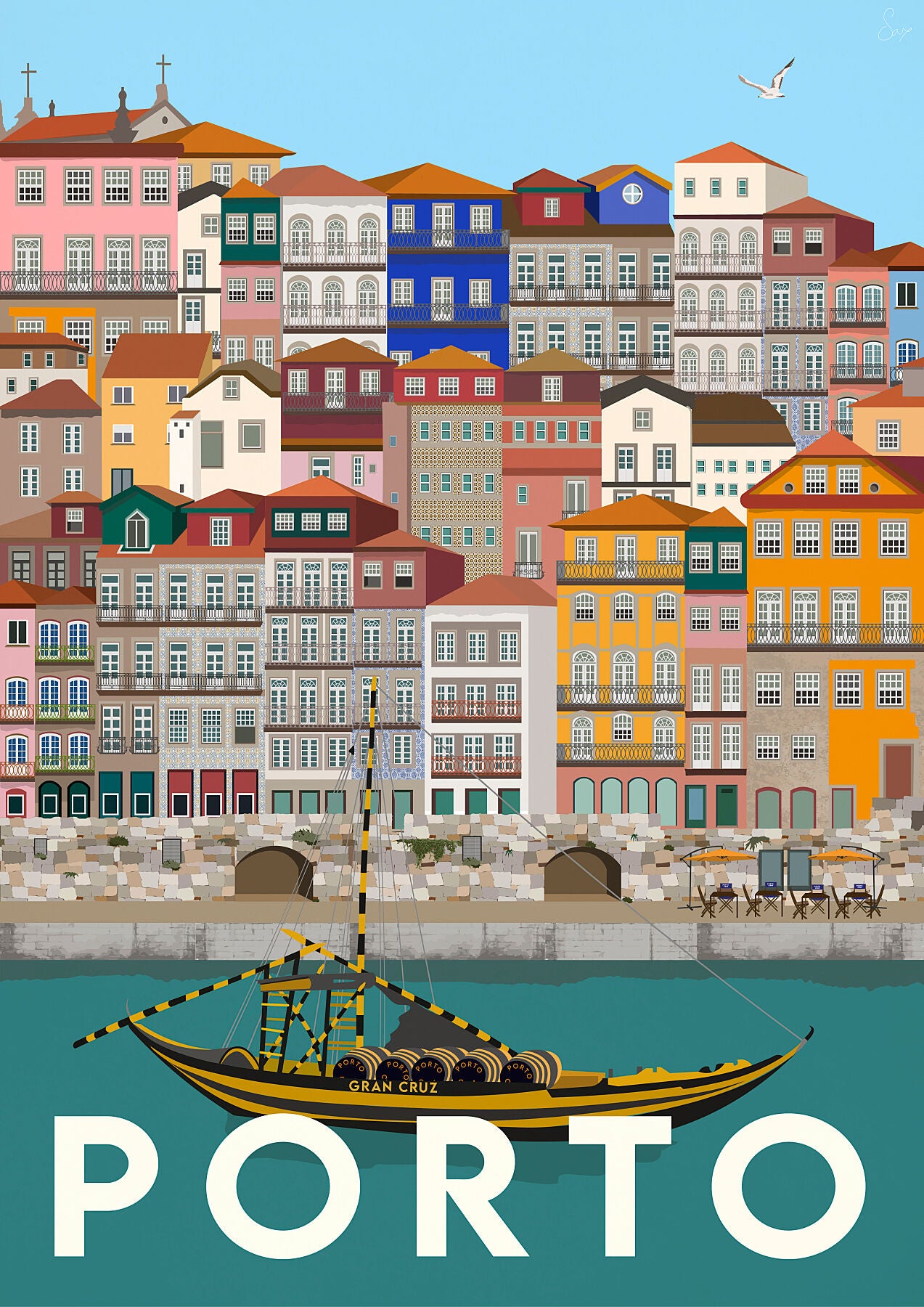 A colorful illustration of a street in Porto, Portugal, with buildings on both sides of the road and a boat on the water in the background.