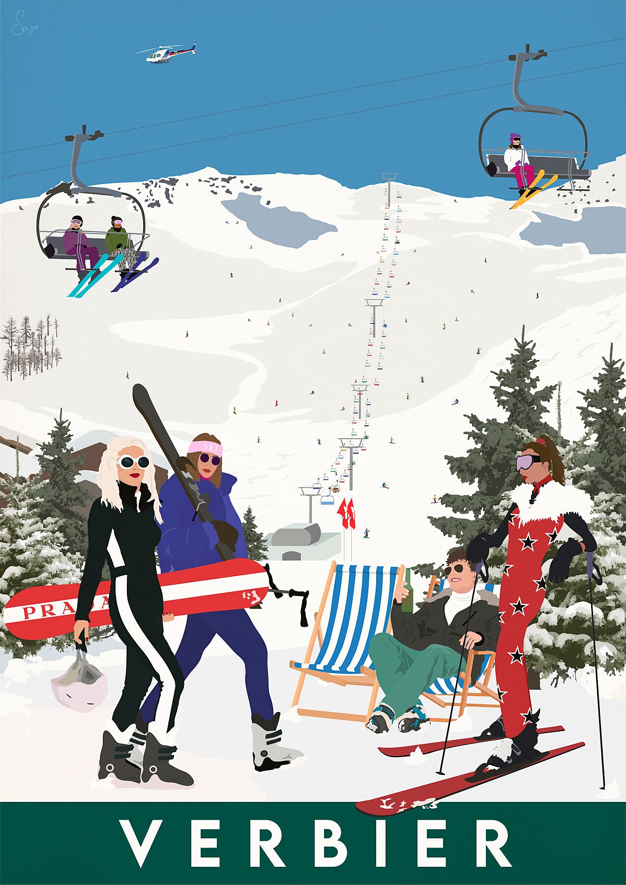 A stylized illustration of people engaging in winter sports activities with 'VERBIER' written at the bottom, set against a mountainous backdrop.