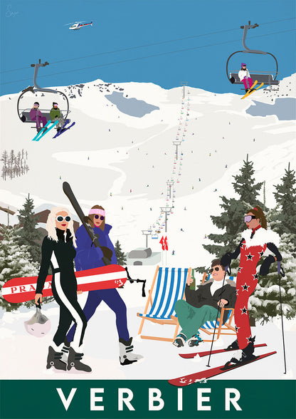 A stylized illustration of people engaging in winter sports activities with 'VERBIER' written at the bottom, set against a mountainous backdrop.