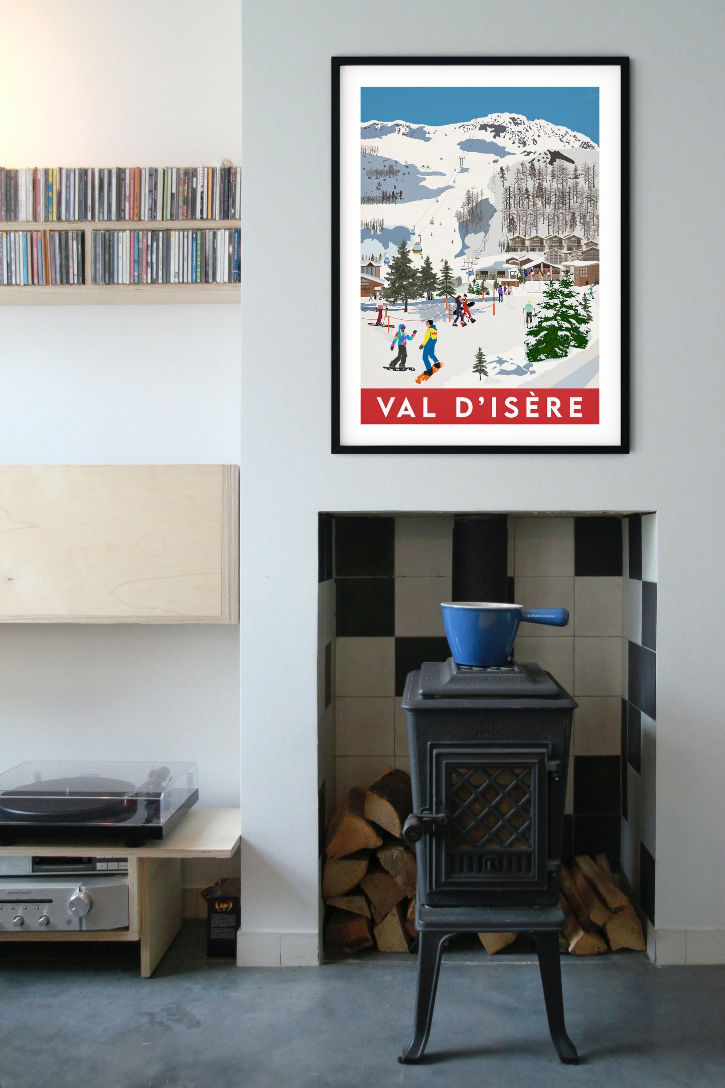 Vintage inspired travel print of skiing in Val D'isere France