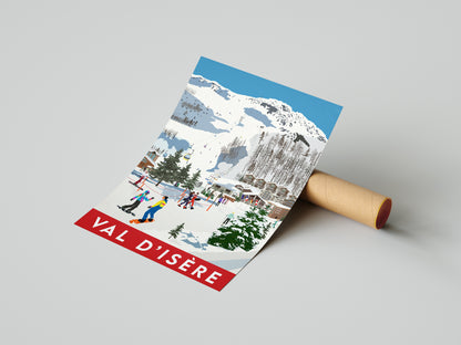 Vintage inspired travel print of skiing in Val D'isere France