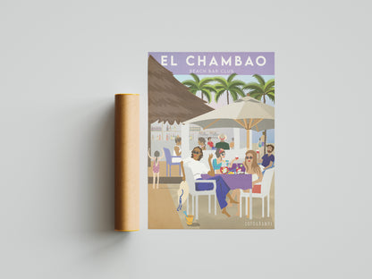 Vintage inspired travel poster of Chambao Beach Bar Sotogrande Cadiz 