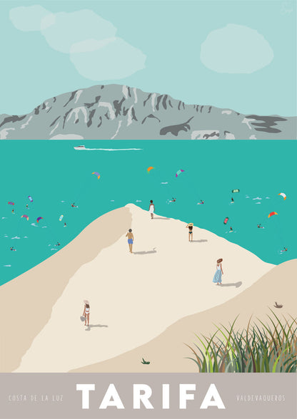 Vintage inspired travel print of kitesurfing in tarifa spain