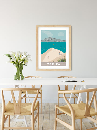 Vintage inspired travel print of kitesurfing in tarifa spain