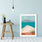A3 Vintage inspired travel print of Tarifa with view of Tangier and Ceuta, Morrocco. Kitesurfers and Beachgoers