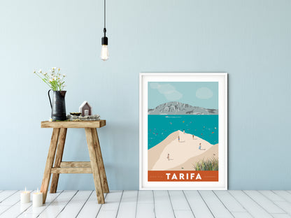 A3 Vintage inspired travel print of Tarifa with view of Tangier and Ceuta, Morrocco. Kitesurfers and Beachgoers