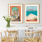 Vintage inspired travel print of Tarifa with view of Tangier and Ceuta, Morrocco. Kitesurfers and Beachgoers
