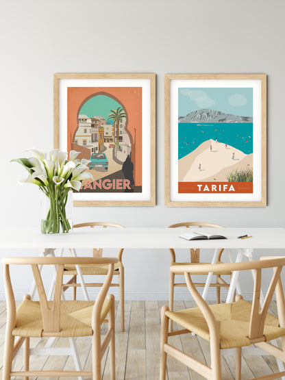 Vintage inspired travel print of Tarifa with view of Tangier and Ceuta, Morrocco. Kitesurfers and Beachgoers