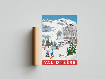 Vintage inspired travel print of skiing in Val D'isere France